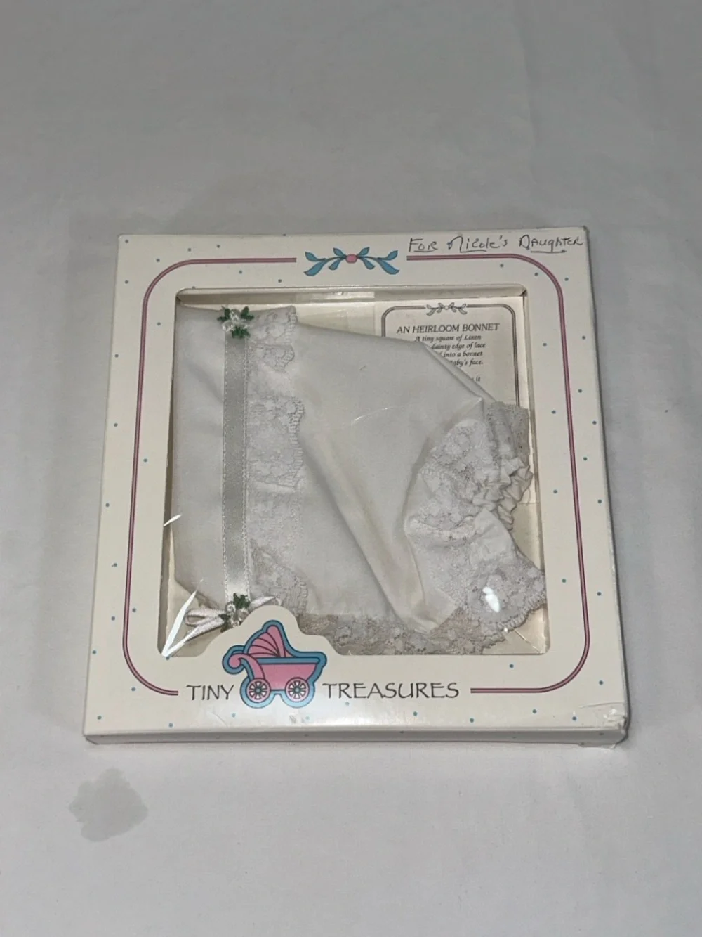 Tiny Treasures Heirloom Baby Bonnet Gift Set Lace Ribbon Christening Baptism